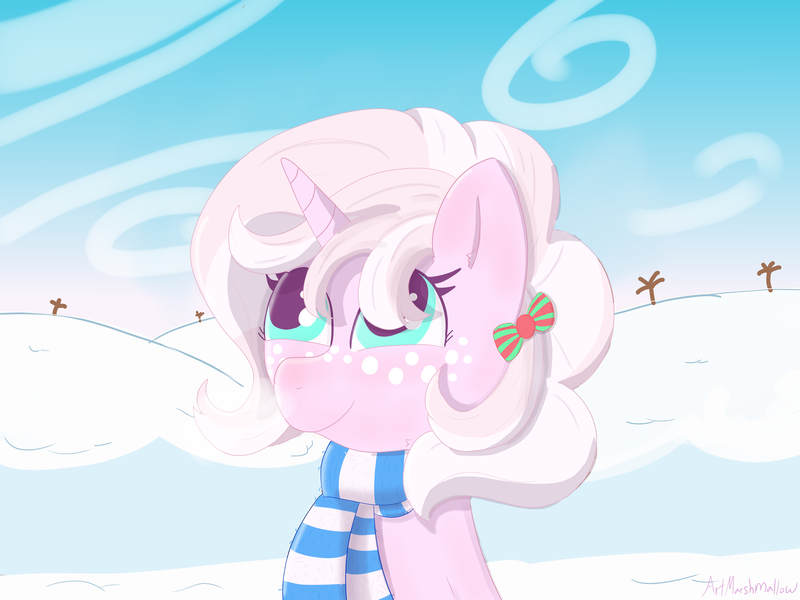 Size: 4000x3000 | Tagged: safe, artist:marshmallowfluff, derpibooru import, oc, oc:marshmallow fluff, unofficial characters only, pony, unicorn, clothes, freckles, scarf, solo