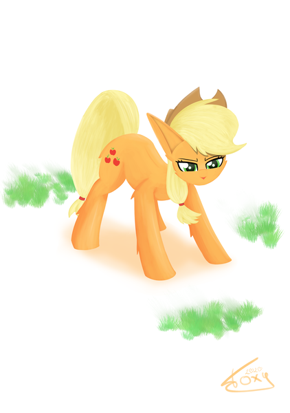 Size: 2600x3700 | Tagged: safe, artist:graphictoxin, derpibooru import, applejack, earth pony, pony, cheek fluff, clothes, female, fluffy, grass, hat, high res, lineless, mare, simple background, smiling, solo, white background