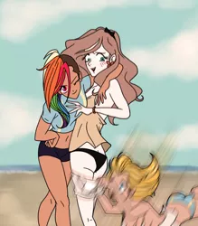 Size: 700x800 | Tagged: accident, accidental exposure, arm on shoulder, artist:kyle23emma, assisted exposure, beach, belly button, butt, clothes, clumsy, compression shorts, derpibooru import, ear piercing, earring, embarrassed, flutterbutt, fluttershy, human, humanized, jewelry, meadow flower, midriff, motion blur, nervous, one eye closed, oops, oops my bad, pantsing, photo shoot, piercing, posing for photo, rainbow dash, shy, smiling, smirk, suggestive, swimsuit, tankini, wink