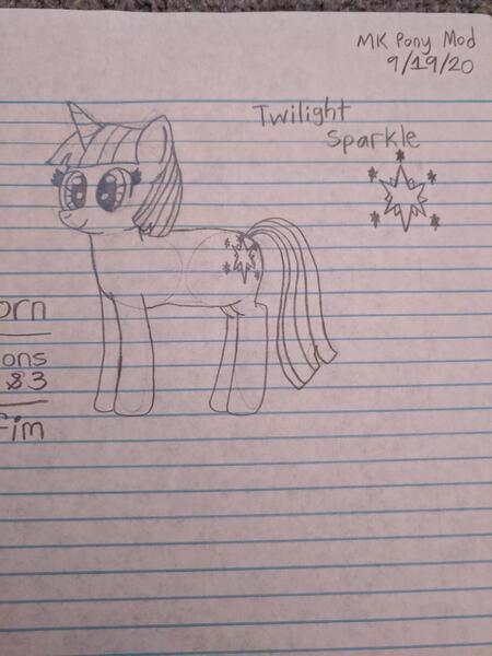 Size: 1280x1707 | Tagged: safe, artist:nightshadowmlp, derpibooru import, twilight sparkle, pony, unicorn, female, lined paper, mare, solo, text, traditional art, twilight's cutie mark, unicorn twilight