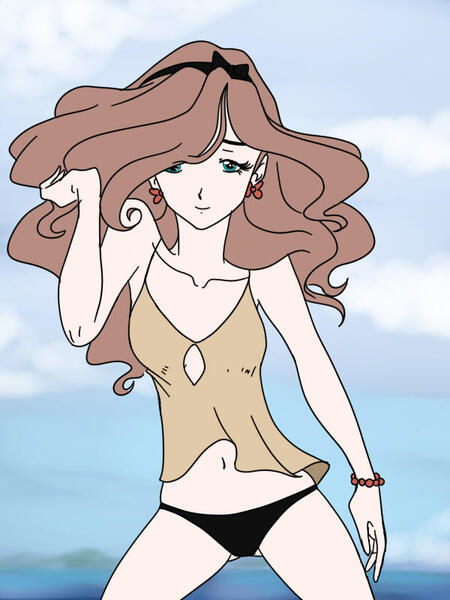 Size: 600x800 | Tagged: suggestive, artist:kyle23emma, derpibooru import, fluttershy, human, beautiful, belly button, bikini, bikini bottom, bow, bracelet, brown hair, brunette, clothes, ear piercing, earring, hair bow, humanized, jewelry, midriff, nervous, photo shoot, piercing, pose, posing for photo, shy, solo, swimsuit, tankini, underass