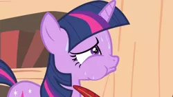 Size: 1920x1080 | Tagged: safe, derpibooru import, screencap, twilight sparkle, pony, unicorn, it's about time, frown, golden oaks library, library, puffy cheeks, quill, solo, sweat, tickling, unicorn twilight