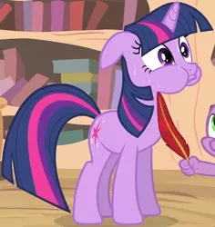 Size: 1242x1313 | Tagged: safe, derpibooru import, screencap, spike, twilight sparkle, pony, unicorn, it's about time, cropped, floppy ears, frown, golden oaks library, library, puffy cheeks, quill, solo focus, sweat, tickling, unicorn twilight