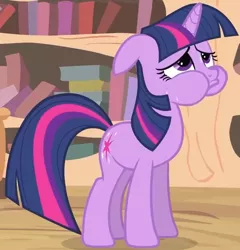 Size: 1262x1313 | Tagged: safe, derpibooru import, edit, screencap, twilight sparkle, pony, unicorn, it's about time, cropped, frown, golden oaks library, library, puffy cheeks, solo, sweat, unicorn twilight