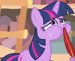 Size: 1850x1489 | Tagged: safe, derpibooru import, screencap, spike, twilight sparkle, pony, unicorn, it's about time, cropped, crying, golden oaks library, library, pre sneeze, puffy cheeks, quill, solo focus, sweat, tickling, unicorn twilight