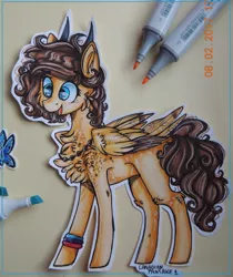 Size: 2246x2669 | Tagged: safe, artist:canadianpancake1, derpibooru import, oc, oc:zizka, oc:zizka-von-mikser, pegasus, pony, happy, horns, marker drawing, pony oc, solo, traditional art