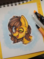 Size: 2121x2828 | Tagged: safe, artist:canadianpancake1, derpibooru import, oc, pony, bust, glasses, happy, headshot commission, marker drawing, one eye closed, pony oc, portrait, simple background, solo, traditional art, wink