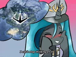 Size: 1543x1169 | Tagged: safe, artist:bacbko, derpibooru import, queen chrysalis, changeling, equestria at war mod, anime style, blushing, clothes, hearts of iron 4, map, meme, smiley face, subtitles, teeth, uniform