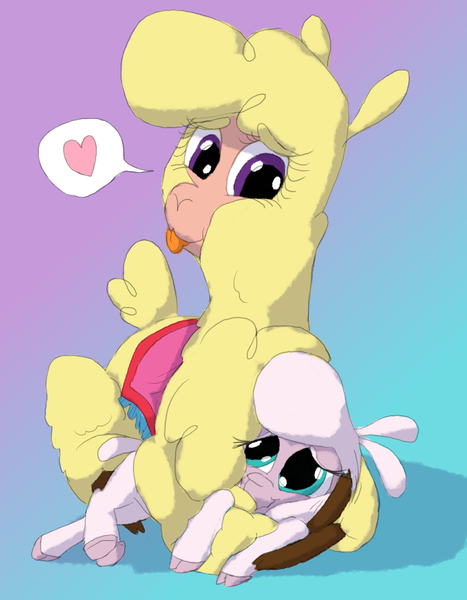 Size: 1734x2230 | Tagged: safe, artist:firefanatic, derpibooru import, paprika paca, pom lamb, alpaca, sheep, them's fightin' herds, community related, cuddling, fluffy, heart, lamb, not sure if want, pinned, tongue out