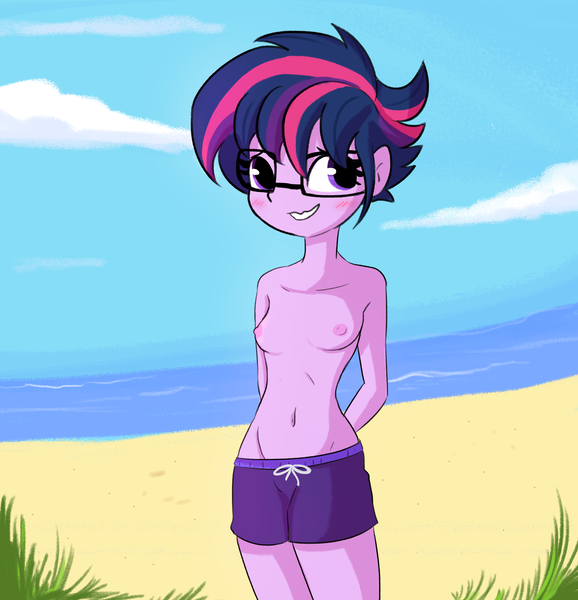 Size: 3868x4015 | Tagged: questionable, artist:tjpones, derpibooru import, sci-twi, twilight sparkle, equestria girls, adorasexy, alternate hairstyle, arm behind back, belly button, blushing, breasts, clothes, cute, delicious flat chest, embarrassed, female, male swimwear challenge, nipples, nudity, partial nudity, sexy, short hair, solo, solo female, swim trunks, swimsuit, tomboy, topless, twiabetes, wavy mouth