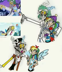Size: 1747x2015 | Tagged: safe, artist:citi, derpibooru import, screencap, discord, rainbow dash, draconequus, human, pegasus, pony, best gift ever, what about discord?, artificial wings, augmented, clothes, crazy face, cutie mark, cutie mark on clothes, ear piercing, eyebrow piercing, faic, fangs, humanized, magic, magic wings, male, piercing, scene interpretation, screencap reference, wings, winter outfit