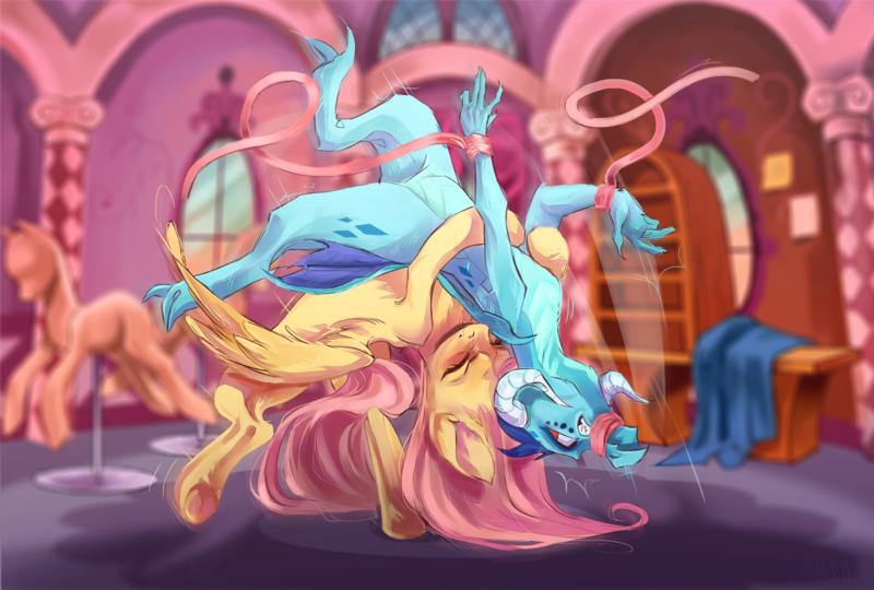 Size: 4000x2700 | Tagged: safe, artist:peachez, derpibooru import, fluttershy, princess ember, dragon, pegasus, pony, fanfic:crossing the trixie bridge, commission, fanfic art, female, fight, mare, ponyquin, sports, suplex, underhoof, window, wrestling