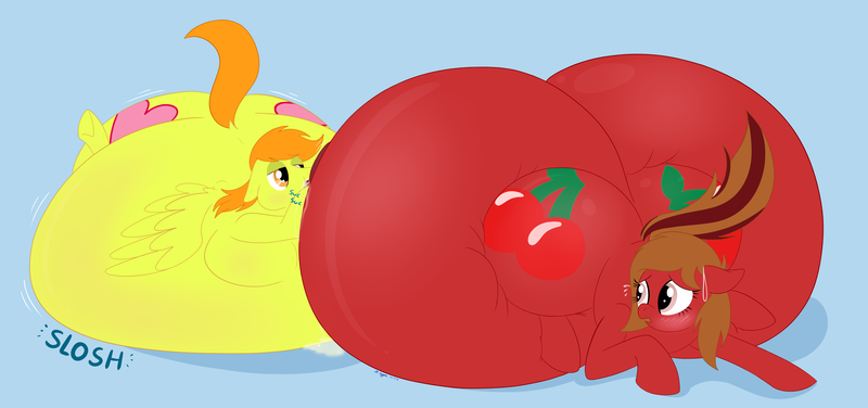 Size: 3570x1680 | Tagged: questionable, artist:necrofeline, derpibooru import, oc, oc:cherry spirit, oc:sweetie pea, unofficial characters only, earth pony, pegasus, pony, belly, belly bed, big belly, big crotchboobs, blushing, blushing profusely, breastfeeding, butt, crotchboobs, drinking, fat, female, floppy ears, growth, huge belly, huge butt, huge crotchboobs, hyper, hyper crotchboobs, impossibly large belly, impossibly large crotchboobs, inflation, large butt, male, mare, milk, milk inflation, nipples, nudity, slosh, stallion, straight, suckling, sweat, sweatdrop, weight gain