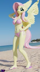 Size: 2160x3840 | Tagged: suggestive, artist:shadowboltsfm, derpibooru import, fluttershy, anthro, pegasus, plantigrade anthro, 3d, 4k, adorasexy, arm behind head, beach, big breasts, bikini, blender, breasts, busty fluttershy, clothes, cute, eyelashes, feet, flip-flops, hand on hip, heel pop, legs, looking at you, nail polish, not sfm, sexy, shiny, shiny skin, smiling, standing, swimsuit, wet, wings