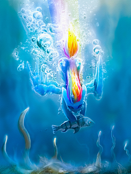 Size: 1300x1726 | Tagged: safe, artist:stdeadra, derpibooru import, rainbow dash, fish, pegasus, pony, algae, backwards cutie mark, bubble, fishing, ocean, rainbow, solo, underwater, water