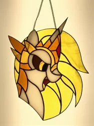 Size: 1536x2048 | Tagged: safe, artist:selenophile, derpibooru import, daybreaker, backlighting, chains, custom, decoration, glass, handmade, irl, photo, simple background, stained glass, toy