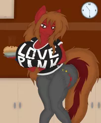 Size: 4266x5227 | Tagged: suggestive, artist:leumas_setay, artist:notyobizz, derpibooru import, edit, oc, oc:cherry spirit, unofficial characters only, anthro, earth pony, big breasts, breasts, clock, clothes, clothing damage, colored, curvy, digital art, digitalized, female, food, grayscale, hourglass figure, jeans, kitchen, large butt, long tail, monochrome, muzzle, pants, pie, solo, solo female