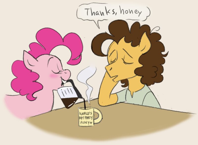 Size: 1002x730 | Tagged: dead source, safe, artist:andressuperhell, deleted from derpibooru, derpibooru import, cheese sandwich, pinkie pie, earth pony, pony, bust, cheesepie, clothes, coffee, eyes closed, female, male, mare, morning ponies, mouth hold, shipping, sleepy, stallion, straight, talking