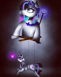Size: 1080x1350 | Tagged: safe, artist:rxndxm.artist, derpibooru import, oc, oc:shooting star, unofficial characters only, pony, unicorn, duo, female, horn, mare, marionette, unicorn oc