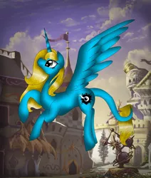 Size: 1080x1273 | Tagged: safe, artist:rxndxm.artist, derpibooru import, oc, unofficial characters only, alicorn, pony, alicorn oc, building, cloud, flying, horn, leonine tail, looking up, outdoors, solo, wings