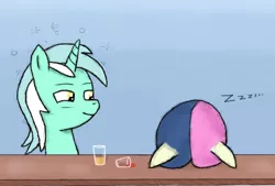 Size: 706x476 | Tagged: safe, artist:lazymort, derpibooru import, bon bon, lyra heartstrings, sweetie drops, pony, berrytube, drunk, simple background, sleeping