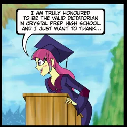 Size: 2048x2048 | Tagged: safe, artist:malevolentsamson, derpibooru import, sour sweet, equestria girls, comic, graduation, graduation cap, harley quinn (2019), hat, smiling, speech, talking