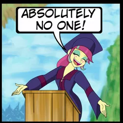 Size: 2048x2048 | Tagged: safe, artist:malevolentsamson, derpibooru import, sour sweet, equestria girls, comic, eyes closed, graduation, graduation cap, harley quinn (2019), hat, smiling, speech, talking