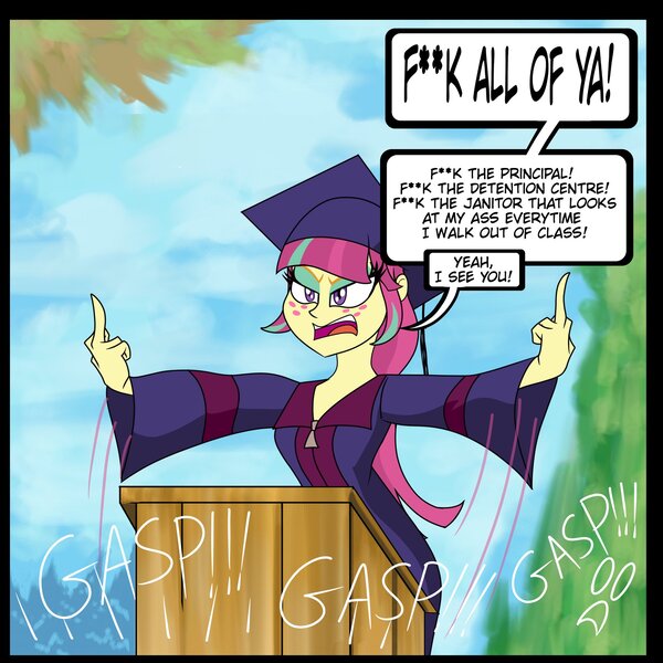 Size: 2048x2048 | Tagged: suggestive, artist:malevolentsamson, derpibooru import, sour sweet, equestria girls, angry, censored dialogue, double deuce, fuck you, graduation, graduation cap, harley quinn (2019), hat, middle finger, sour sweet being sour sweet, speech, swearing, talking, vulgar