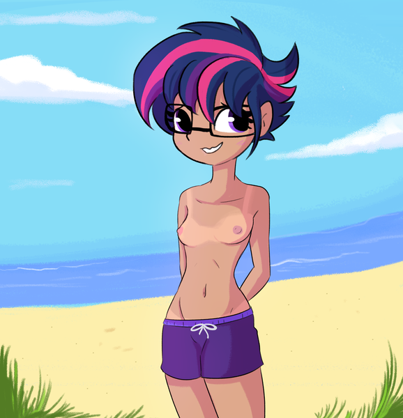 Size: 3868x4015 | Tagged: questionable, alternate version, artist:tjpones, derpibooru import, sci-twi, twilight sparkle, equestria girls, alternate hairstyle, arm behind back, beach, belly button, blushing, breasts, clothes, female, high res, human coloration, male swimwear challenge, moderate dark skin, nipples, nudity, partial nudity, punklight sparkle, short hair, small breasts, solo, solo female, swimming trunks, tan lines, topless, wavy mouth