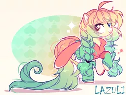 Size: 2768x2096 | Tagged: safe, artist:lazuli, derpibooru import, oc, unofficial characters only, earth pony, pony, abstract background, base used, braid, clothes, earth pony oc, heterochromia, signature, smiling, solo