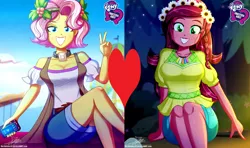 Size: 3000x1773 | Tagged: safe, artist:the-butch-x, deleted from derpibooru, derpibooru import, edit, gloriosa daisy, vignette valencia, equestria girls, equestria girls series, legend of everfree, rollercoaster of friendship, breasts, busty gloriosa daisy, busty vignette valencia, female, gloriette, heart, lesbian, shipping, shipping domino