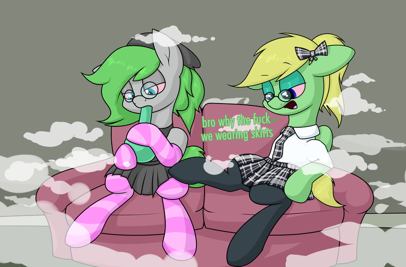 Size: 2794x1837 | Tagged: safe, artist:moonatik, derpibooru import, oc, oc:lemming, oc:trivial pursuit, unofficial characters only, earth pony, pony, beanie, bong, bow, clothes, commission, couch, crossdressing, drugs, femboy, gray background, hat, male, marijuana, necktie, school uniform, simple background, skirt, smoke, socks, stallion, stoner, striped socks, tights, vulgar