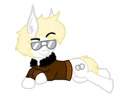 Size: 2745x2059 | Tagged: safe, artist:antique1899, derpibooru import, oc, oc:slingring, unofficial characters only, earth pony, pony, derpibooru community collaboration, 2021 community collab, aviator glasses, blonde, blonde mane, bomber jacket, clothes, digital art, draw me like one of your french girls, ear fluff, glasses, jacket, raised eyebrow, simple background, smiling, smirk, solo, transparent background