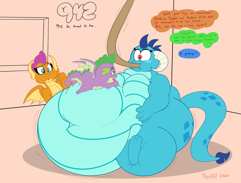 Size: 3500x2662 | Tagged: suggestive, artist:rupertbluefox, derpibooru import, princess ember, smolder, spike, dragon, series:how to gain your dragoness, belly, belly bed, belly button, big belly, cake, chubby, cute, dialogue, dragoness, dragonlard ember, drink, emberbetes, eyes closed, fat, fat ass, fat fetish, feeding tube, female, fetish, food, force feeding, full mouth, gem, half-lidded eyes, hose, hug, huge belly, impossibly large belly, incentive drive, lying down, male, morbidly obese, mug, obese, prone, squishy cheeks, stomach growling, stomach noise, stuffing, tongue out, trio, weight gain, weight gain sequence, wide eyes, winged spike