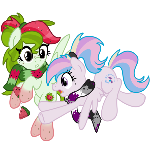 Size: 4063x4096 | Tagged: safe, artist:sjart117, derpibooru import, oc, oc:orient duetta wonder, oc:watermelana, unofficial characters only, pegasus, pony, derpibooru community collaboration, 2021 community collab, asexual, asexual pride flag, clothes, clumsy, female, flying, food, freckles, fruit, gradient hooves, hoof hold, mare, melon, ponytail, pride, pride flag, scarf, simple background, spread wings, transparent background, watermelon, wings