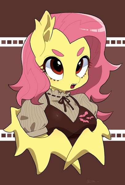 Size: 1300x1920 | Tagged: safe, artist:potetecyu_to, derpibooru import, fluttershy, bat pony, semi-anthro, bat ponified, breasts, bust, chestbreasts, clothes, cutie mark, cutie mark on clothes, fangs, female, flutterbat, open mouth, race swap, solo