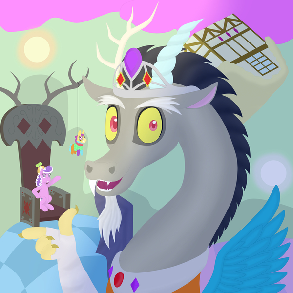 Size: 4500x4500 | Tagged: safe, artist:zethbsoul, derpibooru import, discord, screwball, draconequus, earth pony, pony, chaos, discord's throne, discorded landscape, outdoors