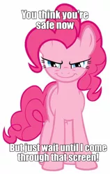 Size: 808x1280 | Tagged: safe, derpibooru import, pinkie pie, earth pony, pony, breaking the fourth wall, caption, evil grin, female, fourth wall, grin, image macro, looking at you, mare, meme, rapeface, smiling, solo, text, the fourth wall cannot save you