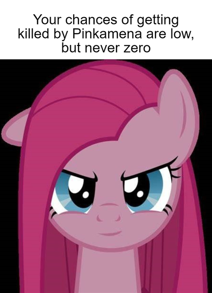 Size: 892x1230 | Tagged: safe, derpibooru import, pinkie pie, black background, caption, evil smirk, looking at you, meme, pinkamena diane pie, ron the death eater, simple background, smiling, smirk, text, this will not end well, uh oh, your chances are low but never zero