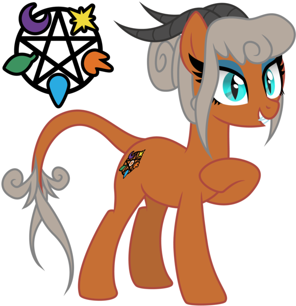 Size: 2000x2068 | Tagged: safe, artist:magnusmagnum, derpibooru import, oc, unofficial characters only, demon, demon pony, original species, pony, bun, cutie mark, demon horns, demon tail, eyeshadow, fangs, female, horn, horns, looking at something, makeup, mare, pentagram, raised hoof, show accurate, simple background, slit eyes, smiling, solo, transparent background