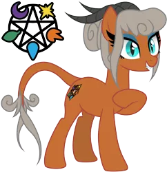 Size: 2000x2068 | Tagged: safe, artist:magnusmagnum, derpibooru import, oc, unofficial characters only, demon, demon pony, original species, pony, bun, cutie mark, demon horns, demon tail, eyeshadow, fangs, female, horn, horns, looking at something, makeup, mare, pentagram, raised hoof, show accurate, simple background, slit eyes, smiling, solo, transparent background