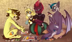 Size: 2969x1745 | Tagged: safe, artist:elen_sparks, derpibooru import, tempest shadow, oc, oc:busy buzz (ice1517), oc:elizabat stormfeather, oc:trail blazer (ice1517), alicorn, bat pony, bat pony alicorn, bee pony, original species, pony, unicorn, alicorn oc, angry, annoyed, armor, bat pony oc, bat wings, bean bag chair, bisexual, blushing, board game, bodysuit, broken horn, canon x oc, card, clothes, collar, commission, deely bobbers, ear piercing, earring, elizablazer, elizablazershadow, eye scar, female, grin, hairband, hoof hold, hoof shoes, horn, jewelry, lesbian, male, mare, mask, money, monopoly, multicolored hair, nose piercing, nose ring, oc x oc, open mouth, piercing, pillow, polyamory, raised hoof, scar, shipping, shirt, sitting, smiling, smug, stallion, stormshadow, straight, t-shirt, tattoo, wall of tags, wings, ych result