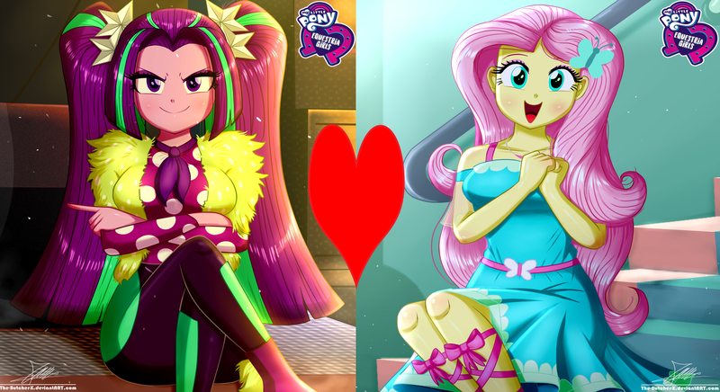 Size: 3000x1636 | Tagged: safe, artist:the-butch-x, deleted from derpibooru, derpibooru import, edit, aria blaze, fluttershy, equestria girls, ariashy, female, lesbian, shipping, shipping domino