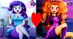 Size: 3000x1636 | Tagged: safe, artist:the-butch-x, deleted from derpibooru, derpibooru import, edit, adagio dazzle, rarity, equestria girls, adagity, female, geode of shielding, heart, lesbian, magical geodes, shipping, shipping domino