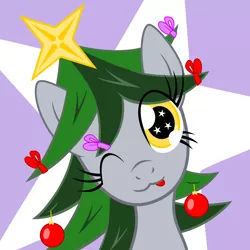 Size: 10000x10000 | Tagged: safe, artist:mraagh, derpibooru import, oc, oc:sorunome, unofficial characters only, pegasus, pony, .svg available, abstract background, absurd resolution, bow, bust, christmas, christmas tree, colored, cute, eye clipping through hair, female, flat colors, gray coat, green mane, hair, hair bow, hair decorations, head, holiday, jewelry, looking at you, mane, mare, multicolored hair, multicolored mane, not derpy, one eye closed, portrait, silly, smiling at you, solo, starry eyes, tongue out, tree, vector, wingding eyes, wink, winking at you, yellow eyes
