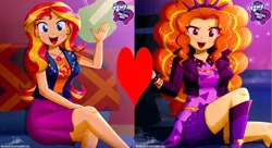 Size: 3000x1636 | Tagged: safe, artist:the-butch-x, deleted from derpibooru, derpibooru import, edit, adagio dazzle, sunset shimmer, equestria girls, female, heart, lesbian, shipping, shipping domino, sunsagio