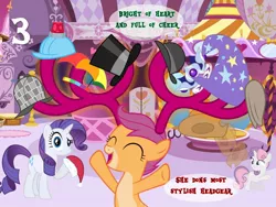 Size: 1280x960 | Tagged: safe, artist:bronybyexception, derpibooru import, rarity, scootaloo, sweetie belle, deer, pony, reindeer, unicorn, advent calendar, antlers, bowler hat, cap, christmas, clothes, confused, cowboy hat, crown, deerstalker, happy, hard hat, hat, holiday, jewelry, looking at you, regalia, santa hat, scootadeer, top hat, trixie's hat, umbrella hat