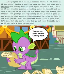 Size: 950x1100 | Tagged: safe, derpibooru import, edit, screencap, lickety split, spike, dragon, earth pony, triple threat, comic relief, g1, g1 backstory, image, lore, male, monospace, my little pony writers' guide, personality, png, scanned, solo