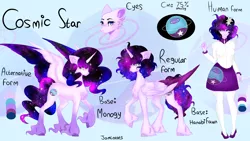 Size: 3200x1800 | Tagged: safe, artist:jamlotte1, derpibooru import, oc, oc:cosmic star, alicorn, pony, equestria girls, base used, base:hanabifawn, base:monogy, ethereal mane, galaxy mane, reference sheet, solo