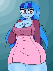 Size: 1932x2576 | Tagged: safe, artist:c_w, derpibooru import, sonata dusk, equestria girls, big breasts, breasts, busty sonata dusk, cleavage, clothes, dress, eyelashes, eyeshadow, hand behind back, hand on breasts, hand on chest, looking at you, makeup, nail polish, plump, smiling, smiling at you, thighs